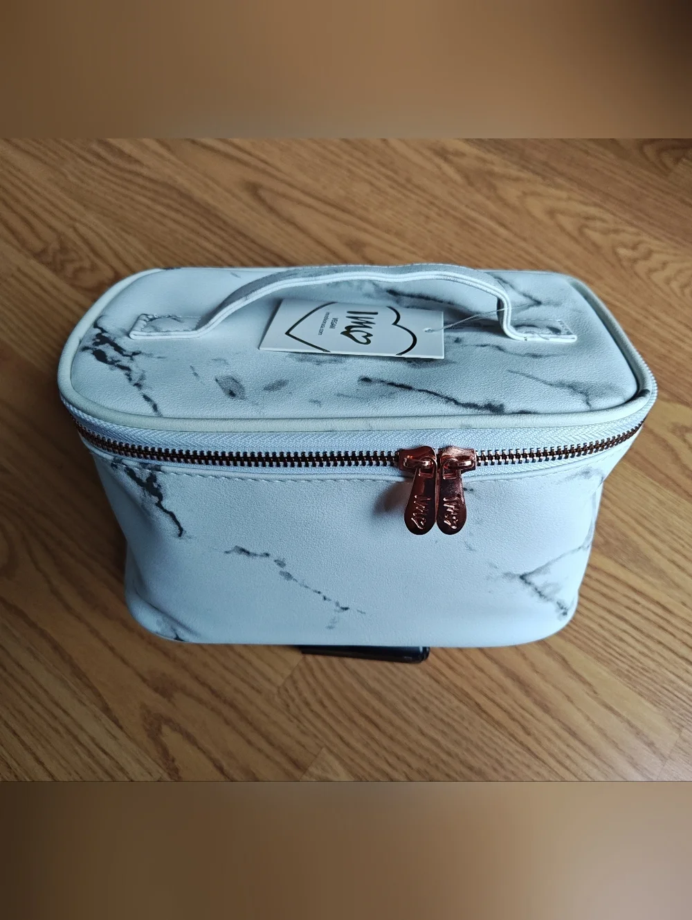 IMOSHION White Marble Vegan Leather Makeup Bag & Travel Case Rose Gold Accents